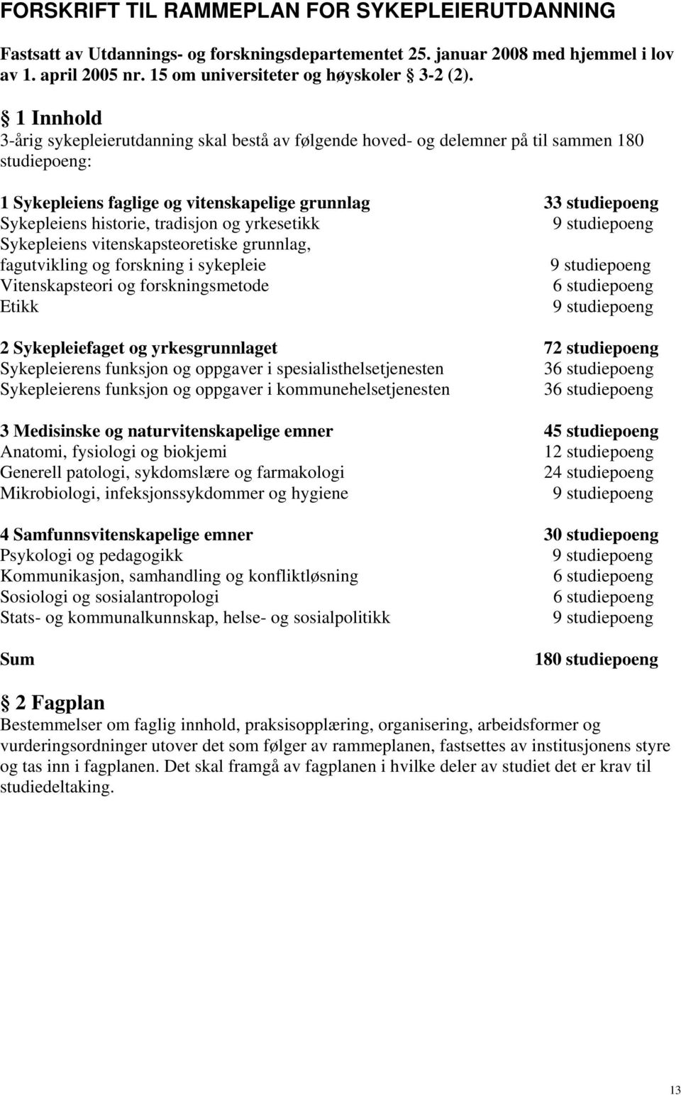 tradisjon og yrkesetikk Sykepleiens vitenskapsteoretiske grunnlag, fagutvikling og forskning i sykepleie Vitenskapsteori og forskningsmetode Etikk 2 Sykepleiefaget og yrkesgrunnlaget 72 studiepoeng