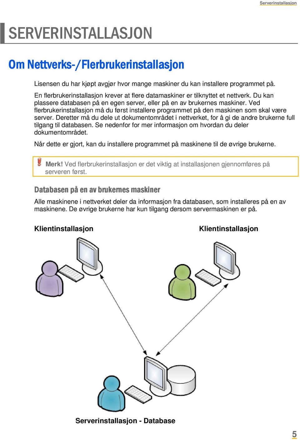 Ved flerbrukerinstallasjon må du først installere programmet på den maskinen som skal være server.