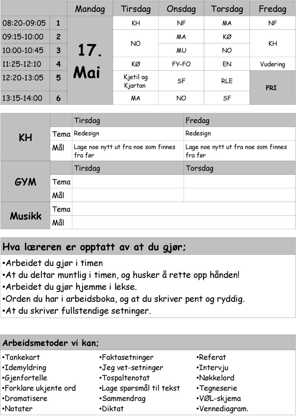 Redesign Lage noe nytt ut fra noe som finnes fra før Torsdag Hva læreren er opptatt av at du gjør; Arbeidet du gjør i timen At du deltar muntlig i timen, og husker å rette opp hånden!