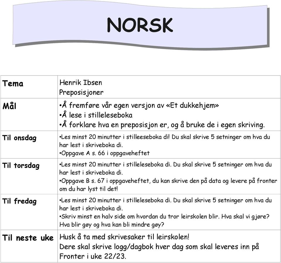 Du skal skrive 5 setninger om hva du har lest i skriveboka di. Oppgave B s. 67 i oppgaveheftet, du kan skrive den på data og levere på fronter om du har lyst til det!