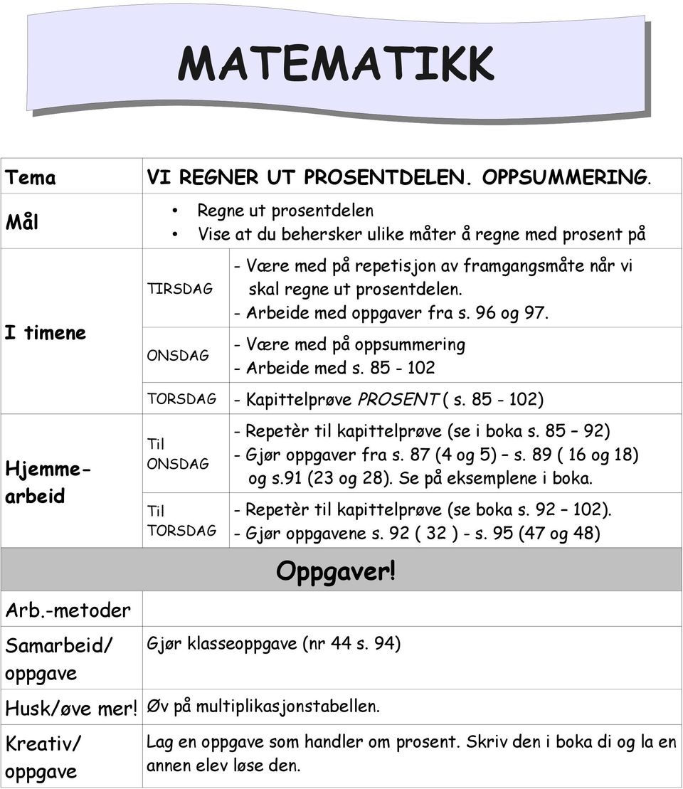 96 og 97. - Være med på oppsummering - Arbeide med s. 85-102 TORSDAG - Kapittelprøve PROSENT ( s. 85-102) Hjemmearbeid Arb.