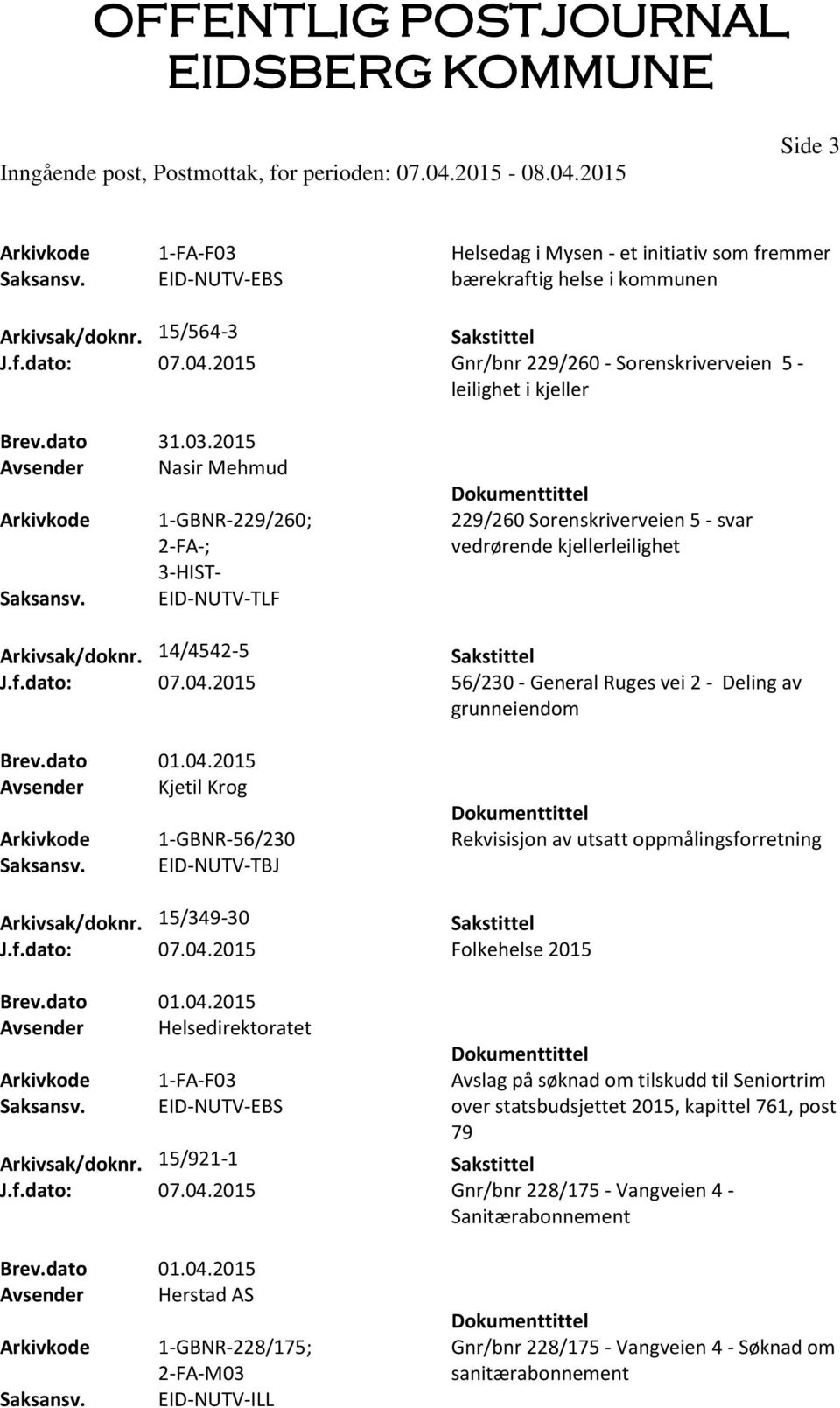 2015 Avsender Nasir Mehmud 1-GBNR-229/260; 2-FA-; 3-HIST- EID-NUTV-TLF 229/260 Sorenskriverveien 5 - svar vedrørende kjellerleilighet Arkivsak/doknr. 14/4542-5 J.f.dato: 07.04.