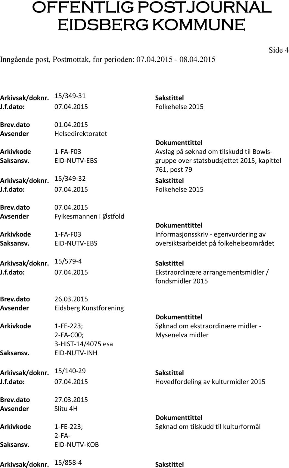 15/349-32 J.f.dato: 07.04.2015 Folkehelse 2015 Brev.dato 07.04.2015 Avsender Fylkesmannen i Østfold 1-FA-F03 Informasjonsskriv - egenvurdering av EID-NUTV-EBS oversiktsarbeidet på folkehelseområdet Arkivsak/doknr.