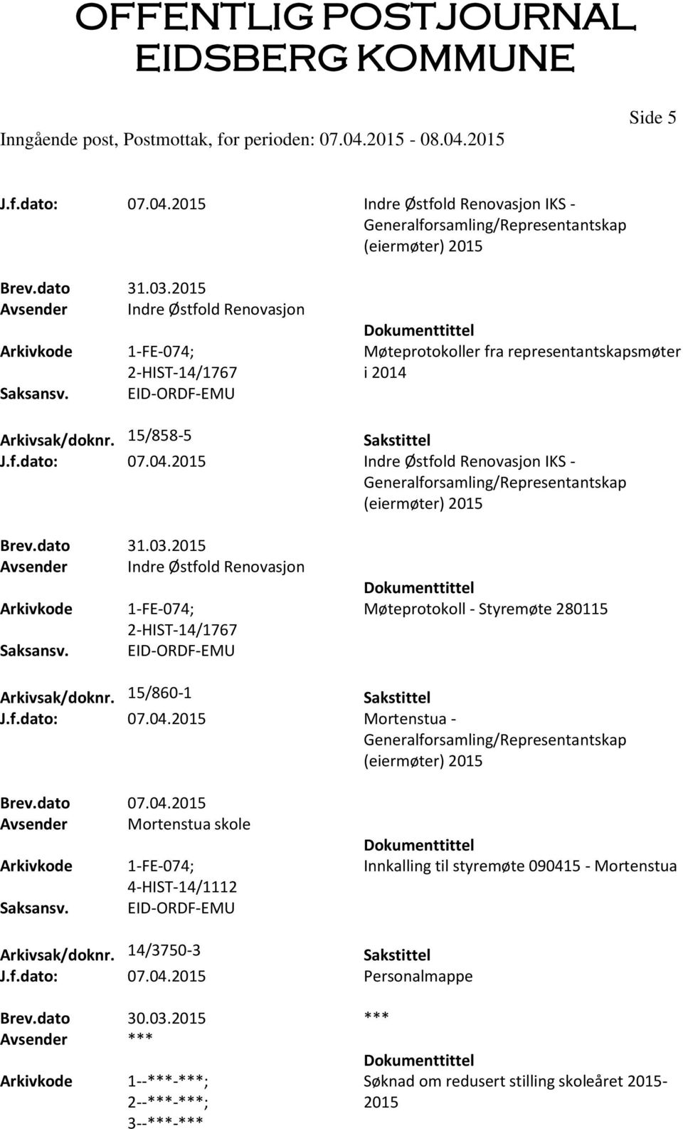 2015 Indre Østfold Renovasjon IKS - Generalforsamling/Representantskap (eiermøter) 2015 Brev.dato 31.03.