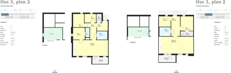 104,5 m 2 7,0 m 2 Hus 2, og sør A-142 Etasje 2 Antall rom 3 BRA 81,8 m 2 Hus 2, og sør 7,0 m 2