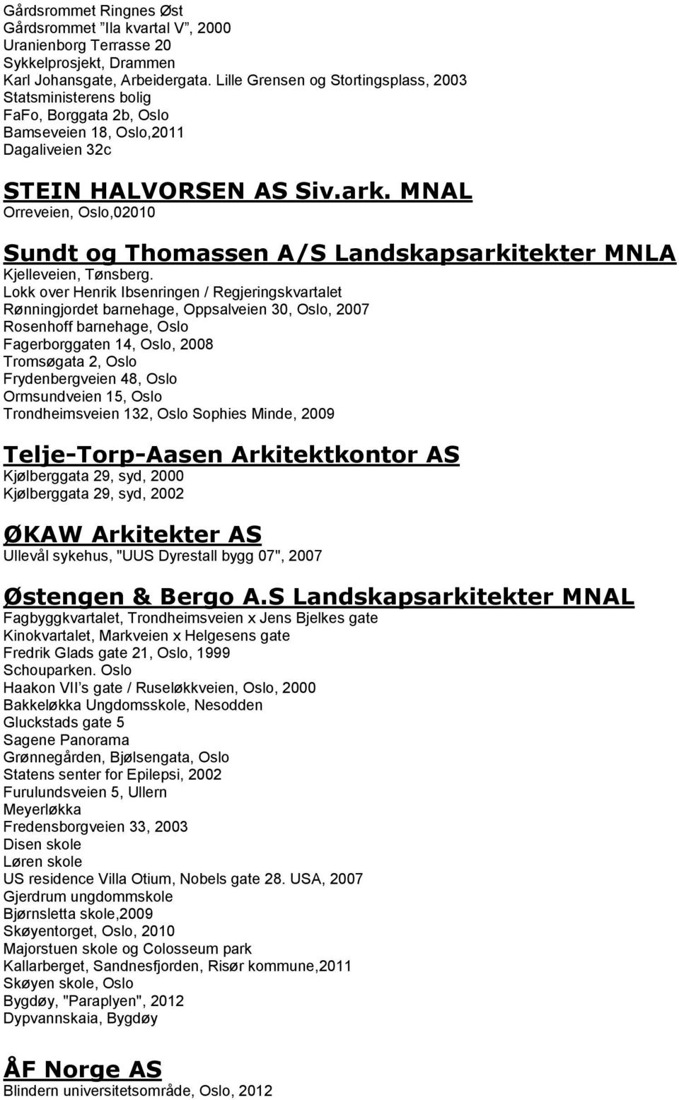 MNAL Orreveien, Oslo,02010 Sundt og Thomassen A/S Landskapsarkitekter MNLA Kjelleveien, Tønsberg.