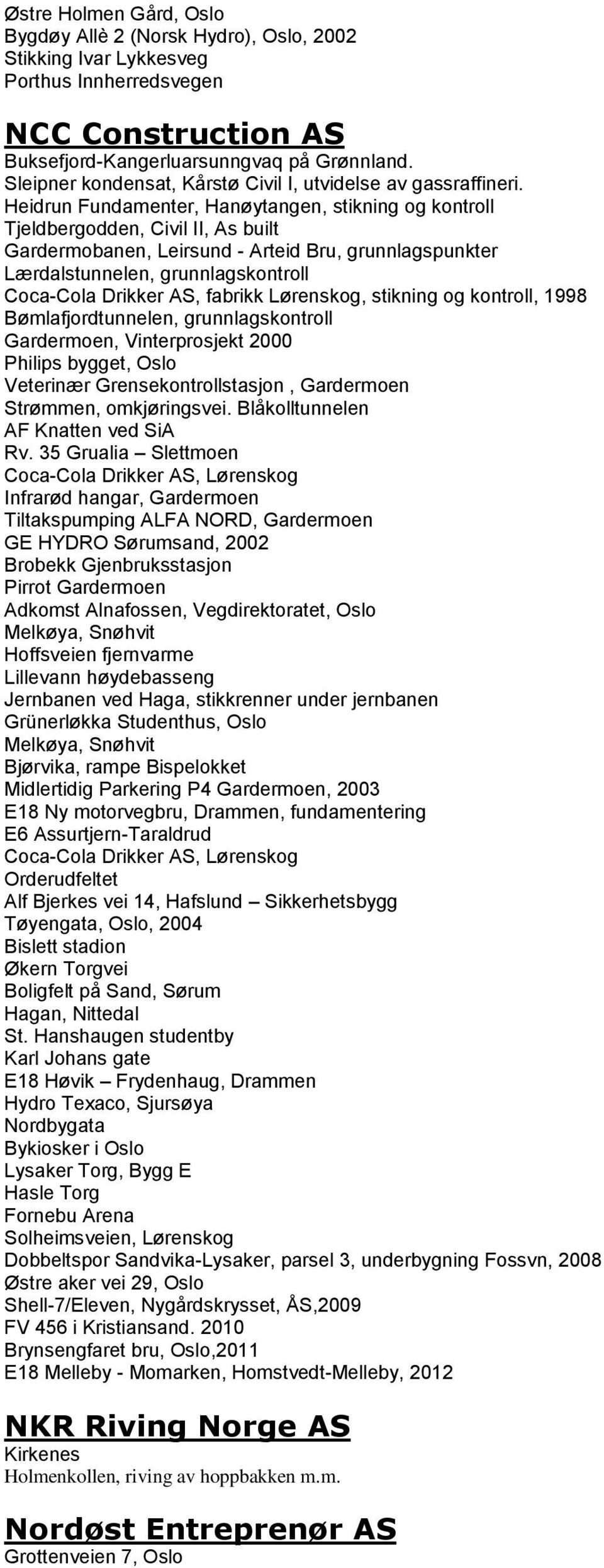 Heidrun Fundamenter, Hanøytangen, stikning og kontroll Tjeldbergodden, Civil II, As built Gardermobanen, Leirsund - Arteid Bru, grunnlagspunkter Lærdalstunnelen, grunnlagskontroll Coca-Cola Drikker