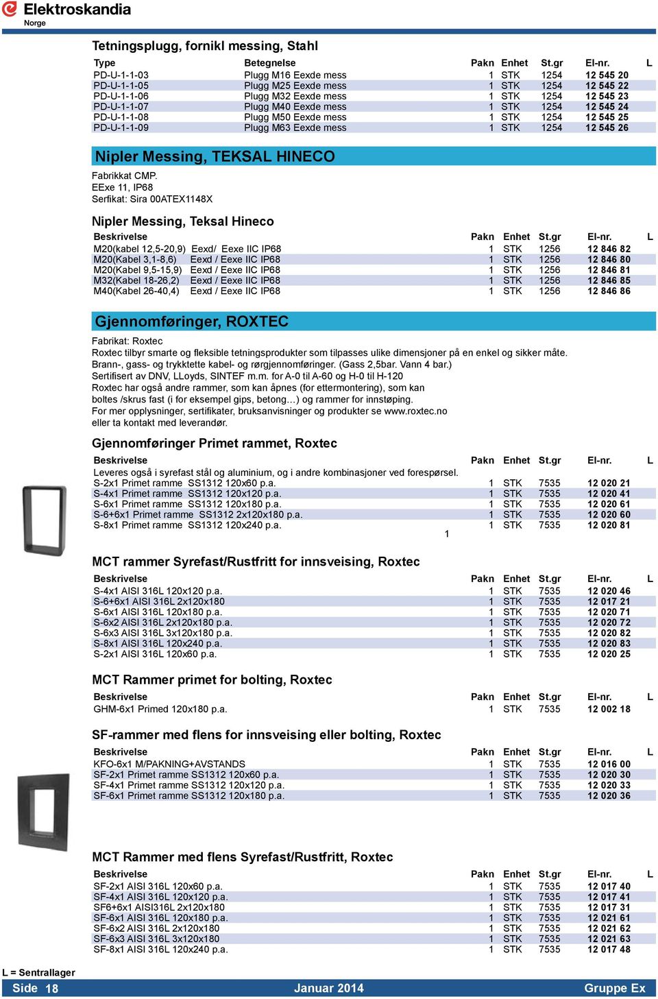 STK 1254 12 545 24 PD-U-1-1-08 Plugg M50 Eexde mess 1 STK 1254 12 545 25 PD-U-1-1-09 Plugg M63 Eexde mess 1 STK 1254 12 545 26 Nipler Messing, TEKSAL HINECO Fabrikkat CMP.