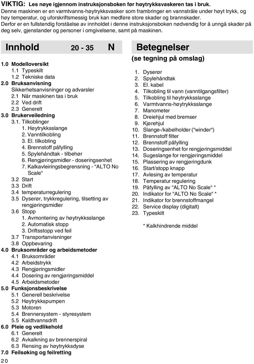 Derfor er en fullstendig forståelse av innholdet i denne instruksjonsboken nødvendig for å unngå skader på deg selv, gjenstander og personer i omgivelsene, samt på maskinen. 20 Innhold 20-35 N 1.