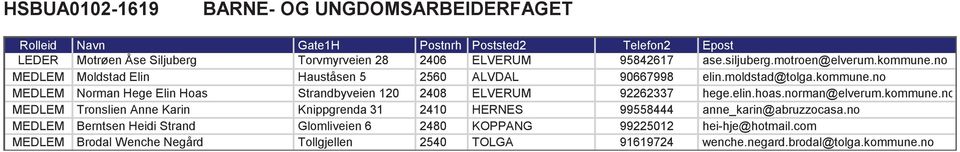 ELVERUM ALVDAL ELVERUM HERNES KOPPANG TOLGA 95842617 90667998 92262337 99558444 99225012 91619724 ase.siljuberg.motroen@elverum.kommune.no elin.