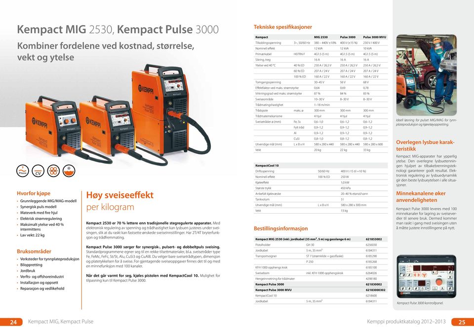 Reparasjon og vedlikehold Høy sveiseeffekt per kilogram Kempact 2530 er 70 % lettere enn tradisjonelle stegregulerte apparater.