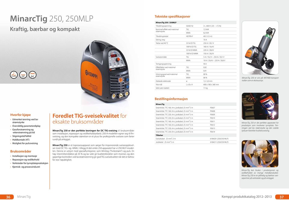 5 (5 m) Sikring, treg 10 A Ytelse ved 40 C 35 % ED TIG 250 A / 20,1 V 100 % ED TIG 160 A / 16,4 V 35 % ED MMA 220 A / 28,8 V 100 % ED MMA 150 A / 26,0 V Sveiseområde TIG 5 A / 10,2 V 250 A / 20,1 V