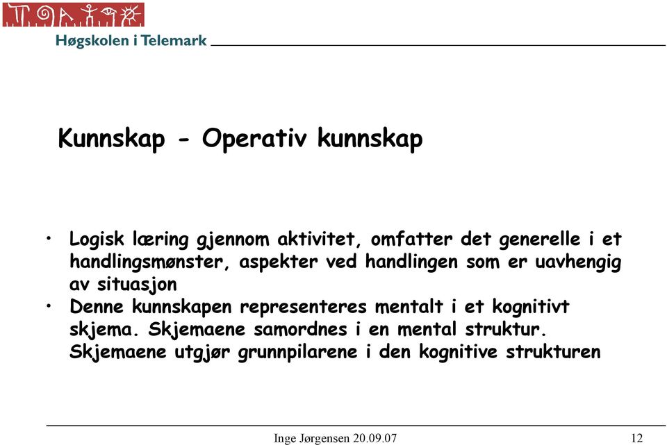 kunnskapen representeres mentalt i et kognitivt skjema.