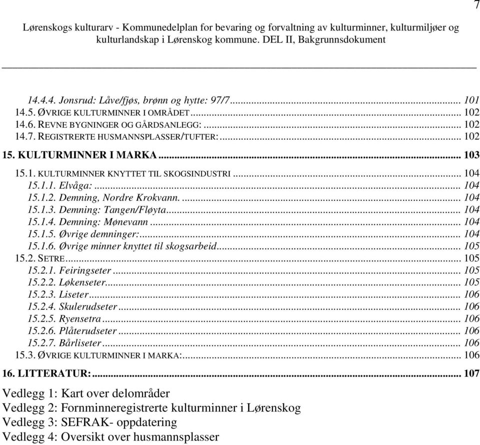 .. 104 15.1.5. Øvrige demninger:... 104 15.1.6. Øvrige minner knyttet til skogsarbeid... 105 15.2. SETRE... 105 15.2.1. Feiringseter... 105 15.2.2. Løkenseter... 105 15.2.3. Liseter... 106 15.2.4. Skulerudseter.