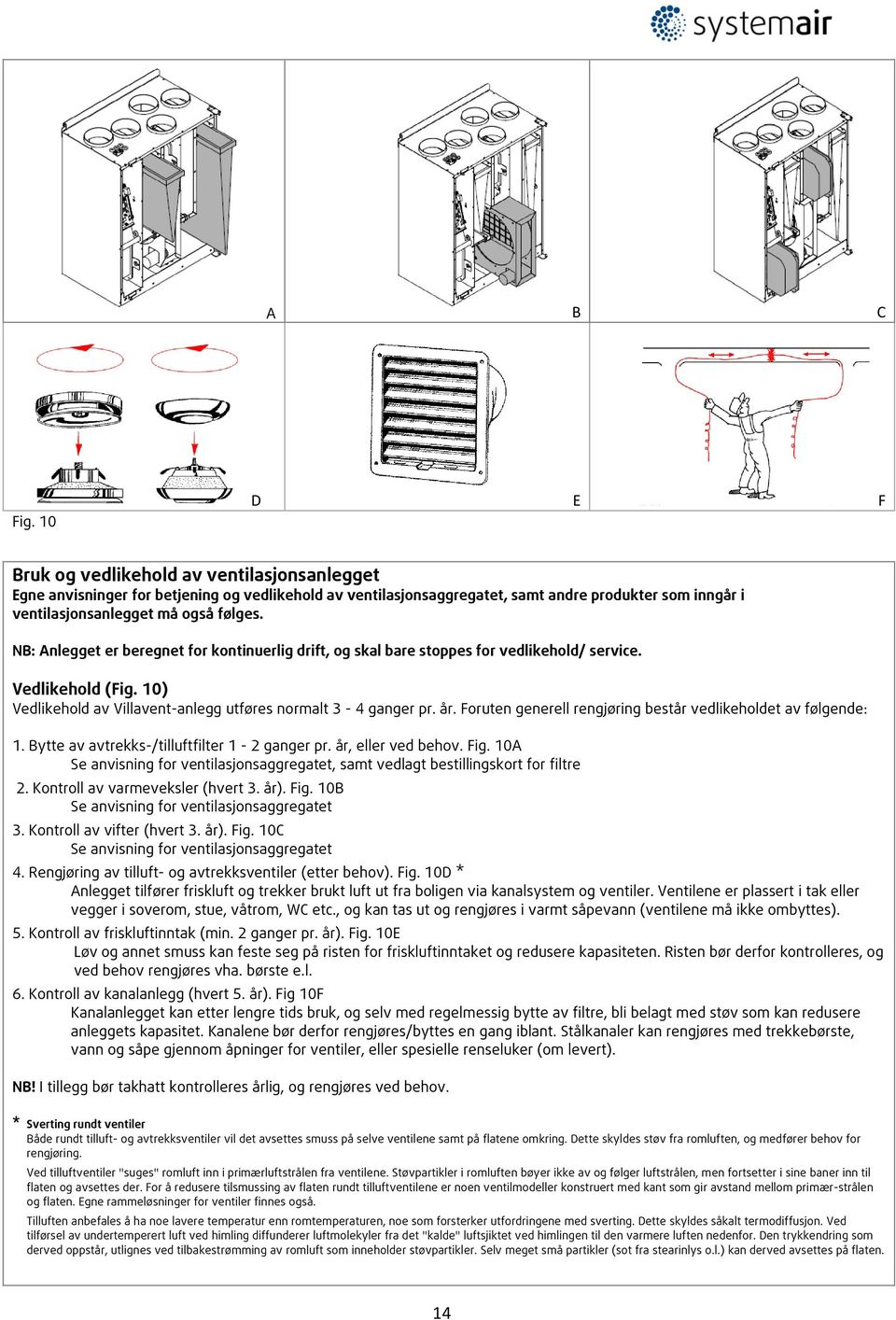 NB: Anlegget er beregnet for kontinuerlig drift, og skal bare stoppes for vedlikehold/ service. Vedlikehold (Fig. 10) Vedlikehold av Villavent-anlegg utføres normalt 3-4 ganger pr. år.