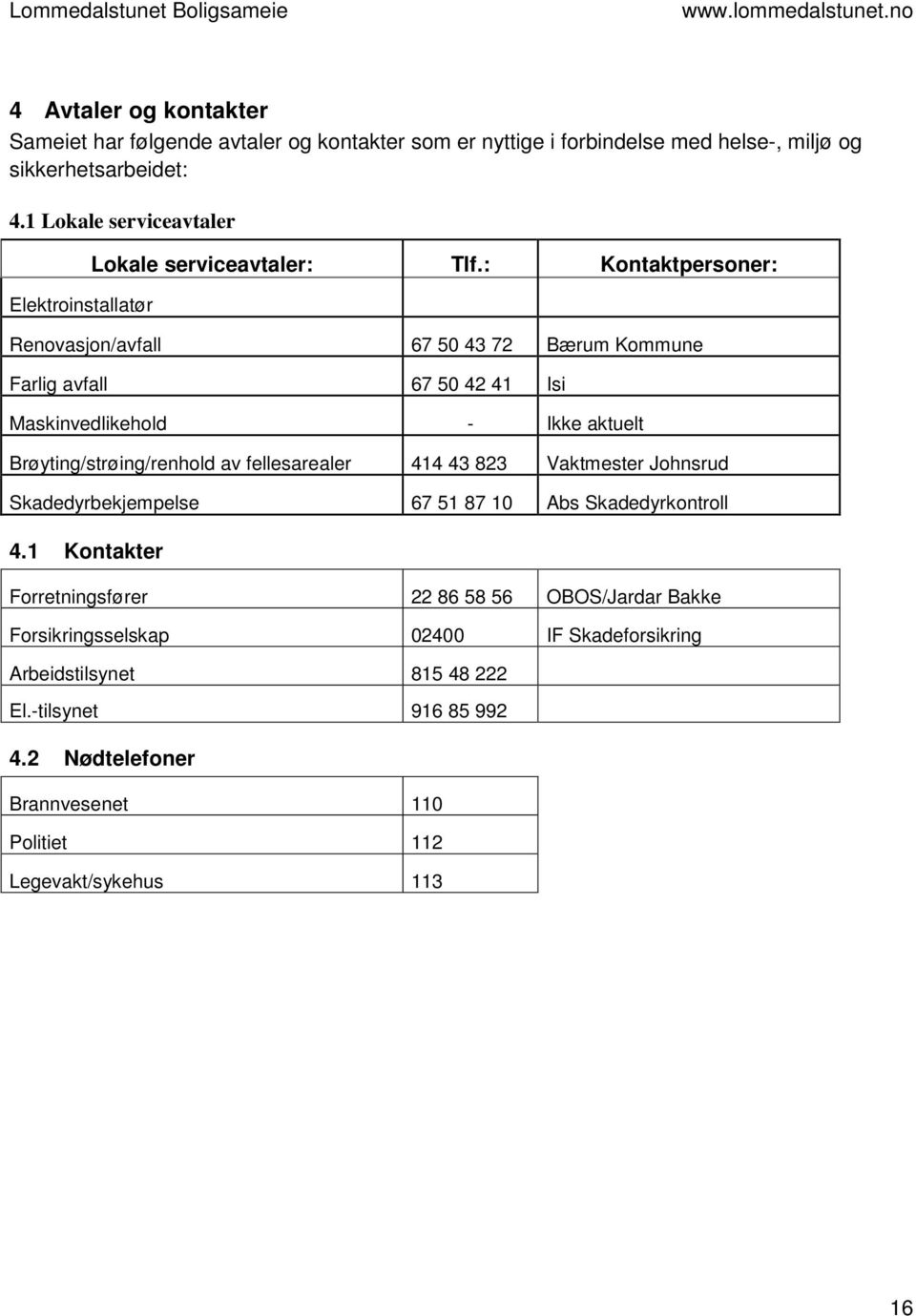 : Kontaktpersoner: Renovasjon/avfall 67 50 43 72 Bærum Kommune Farlig avfall 67 50 42 41 Isi Maskinvedlikehold - Ikke aktuelt Brøyting/strøing/renhold av fellesarealer 414