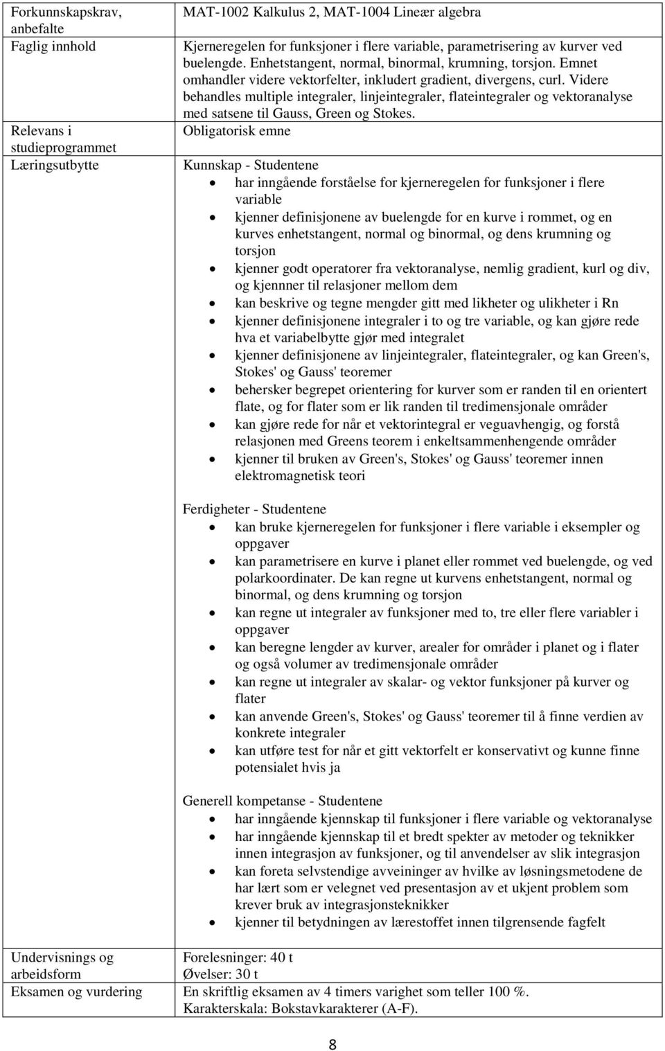 Videre behandles multiple integraler, linjeintegraler, flateintegraler og vektoranalyse med satsene til Gauss, Green og Stokes.