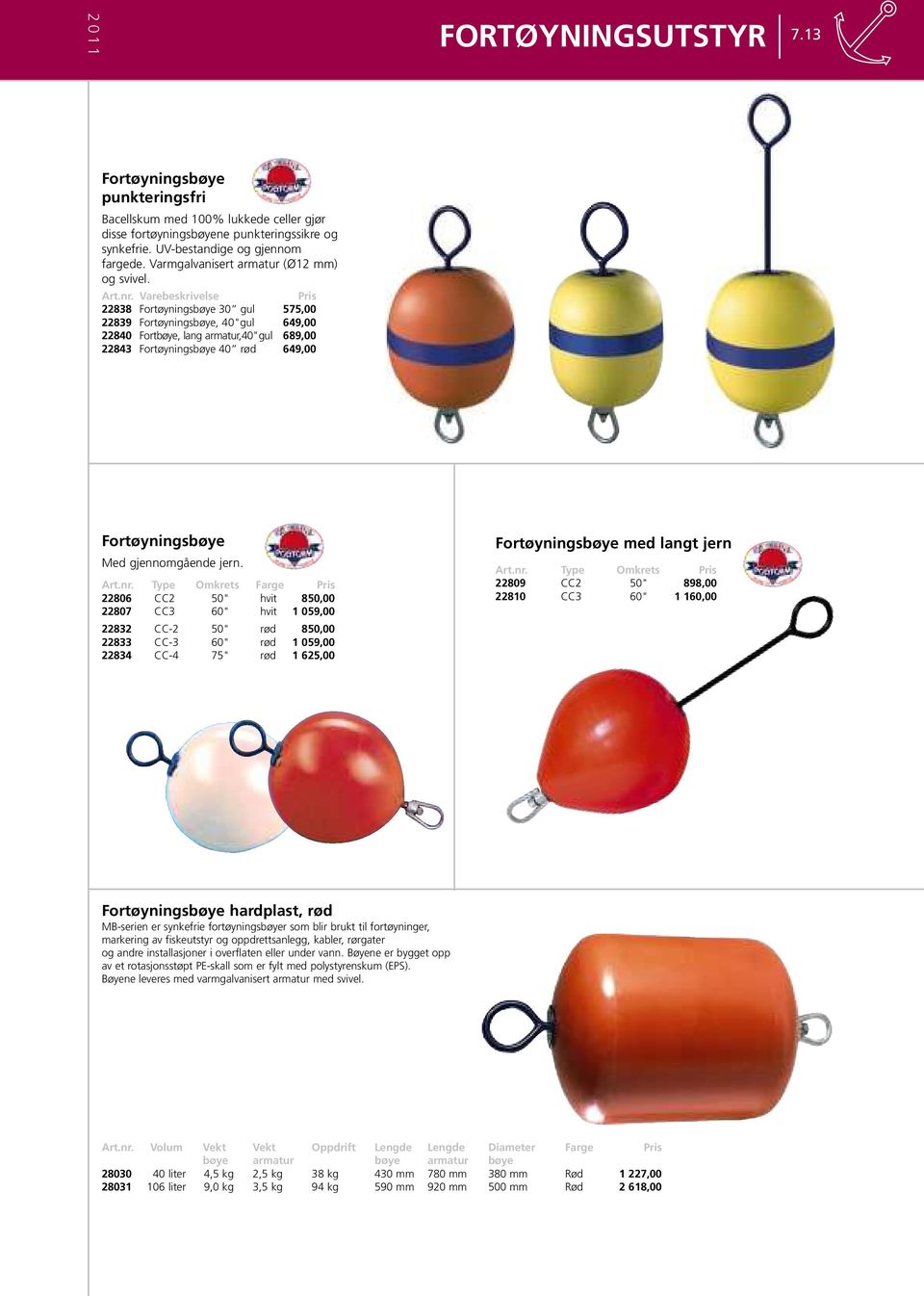 Varebeskrivelse Pris 22838 Fortøyningsbøye 30 gul 575,00 22839 Fortøyningsbøye, 40"gul 649,00 22840 Fortbøye, lang armatur,40"gul 689,00 22843 Fortøyningsbøye 40 rød 649,00 Fortøyningsbøye Med