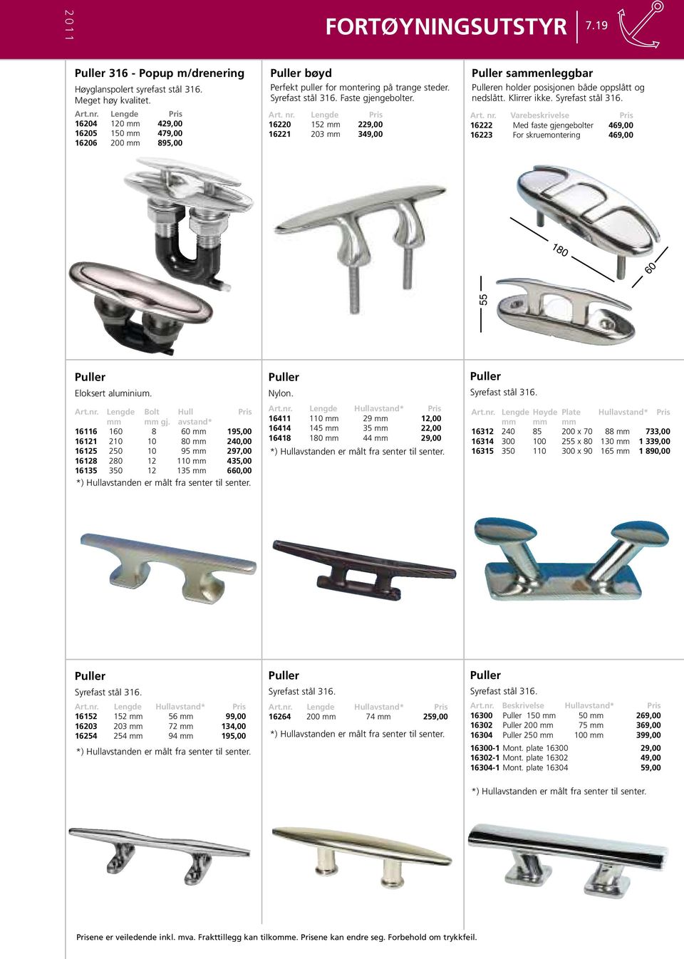 Lengde Pris 16220 152 mm 229,00 16221 203 mm 349,00 Puller sammenleggbar Pulleren holder posisjonen både oppslått og nedslått. Klirrer ikke. Syrefast stål 316. Art. nr.