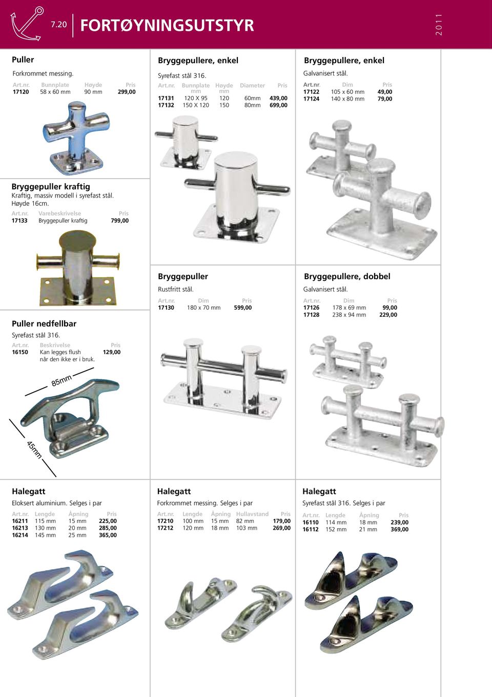 Art.nr. Beskrivelse Pris 16150 Kan legges flush 129,00 når den ikke er i bruk. Bryggepuller Rustfritt stål. Art.nr. Dim Pris 17130 180 x 70 mm 599,00 Bryggepullere, dobbel Galvanisert stål. Art.nr. Dim Pris 17126 178 x 69 mm 99,00 17128 238 x 94 mm 229,00 85mm 45mm Halegatt Eloksert aluminium.