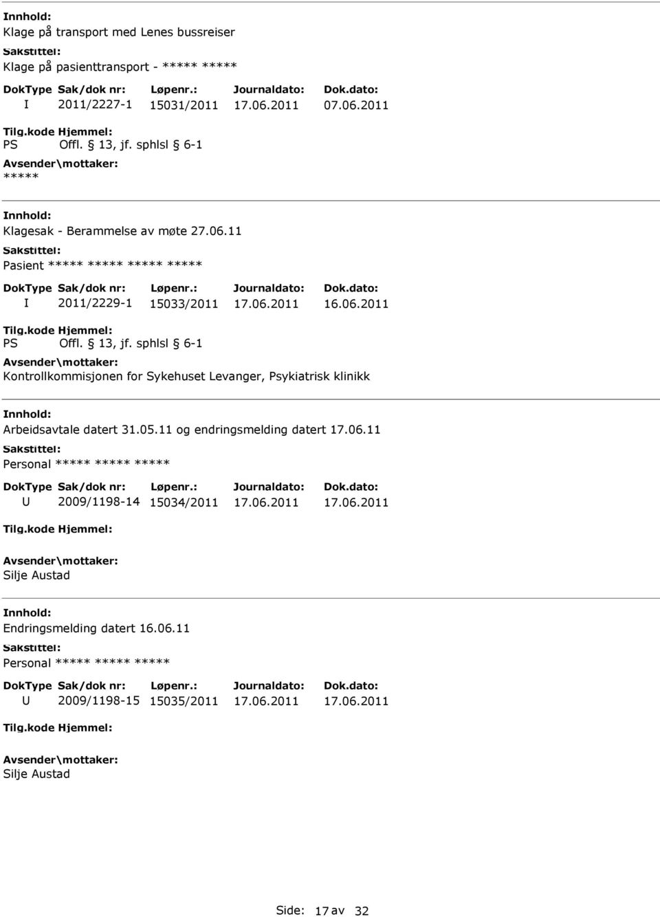 11 Pasient ***** ***** ***** ***** 2011/2229-1 15033/2011 Kontrollkommisjonen for Sykehuset Levanger, Psykiatrisk klinikk