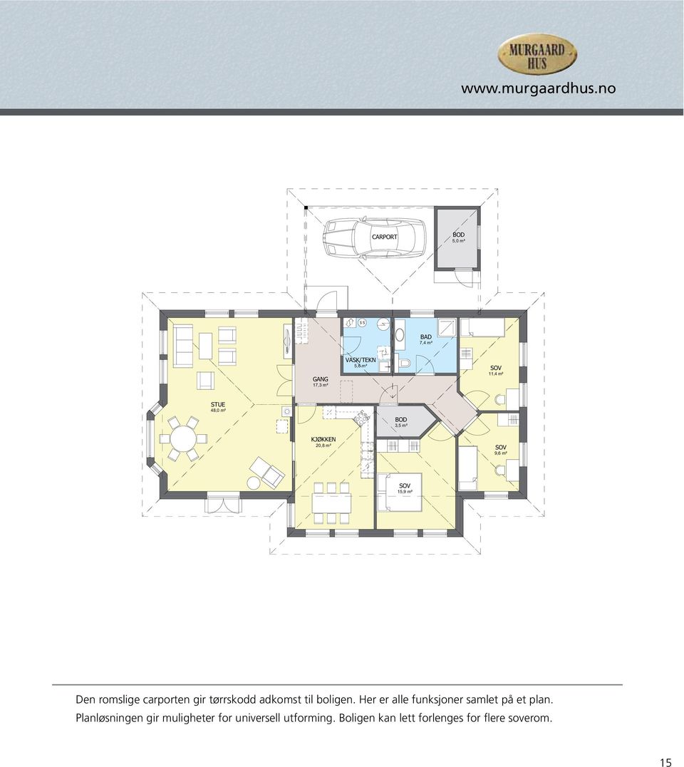 BOD 3,5 m² KJØKKEN 20,8 m² 9,6 m² 15,9 m² Den romslige carporten gir tørrskodd adkomst