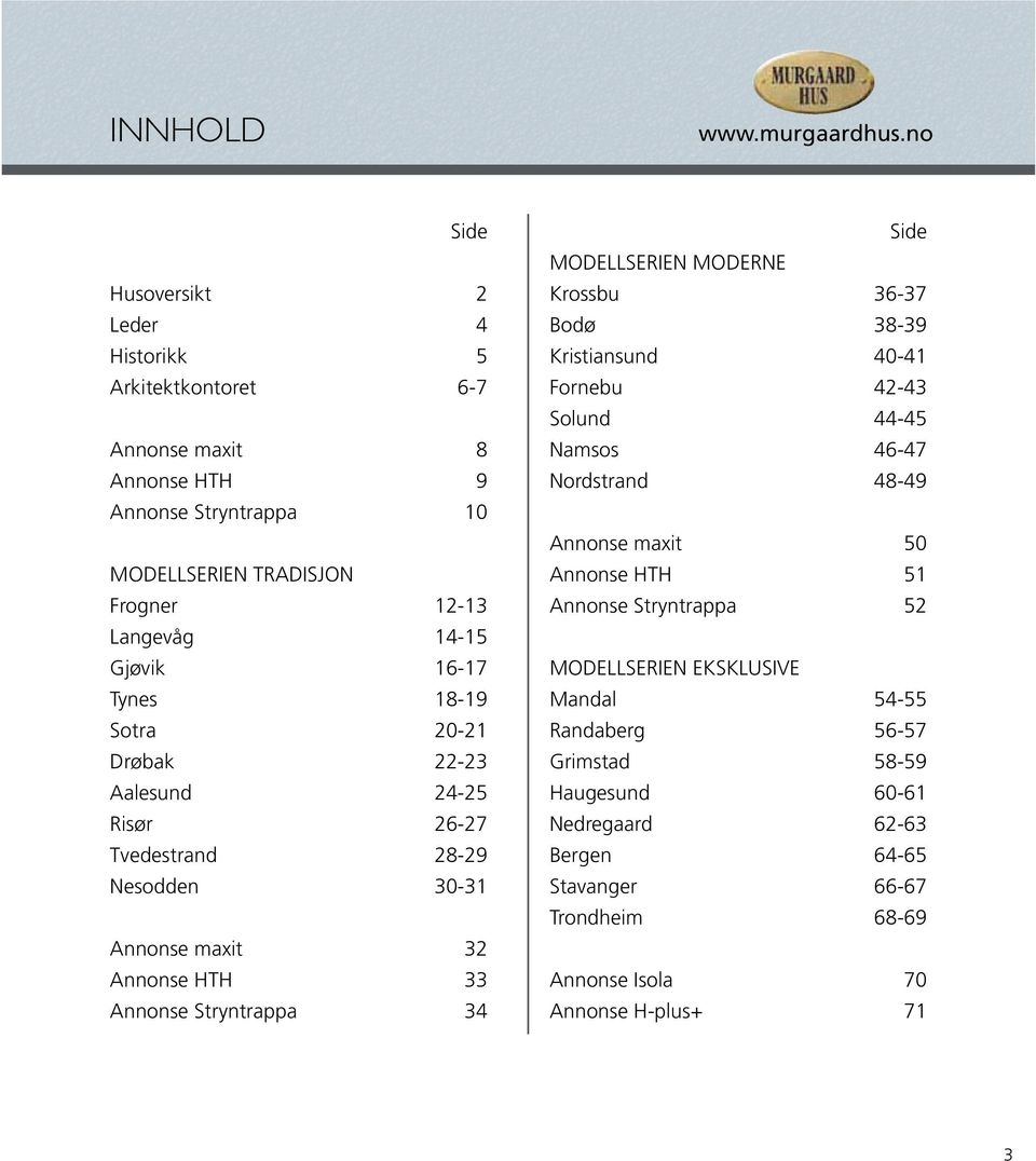 Tynes 18-19 Sotra 20-21 Drøbak 22-23 Aalesund 24-25 Risør 26-27 Tvedestrand 28-29 Nesodden 30-31 Annonse maxit 32 Annonse HTH 33 Annonse Stryntrappa 34 Side MODELLSERIEN MODERNE