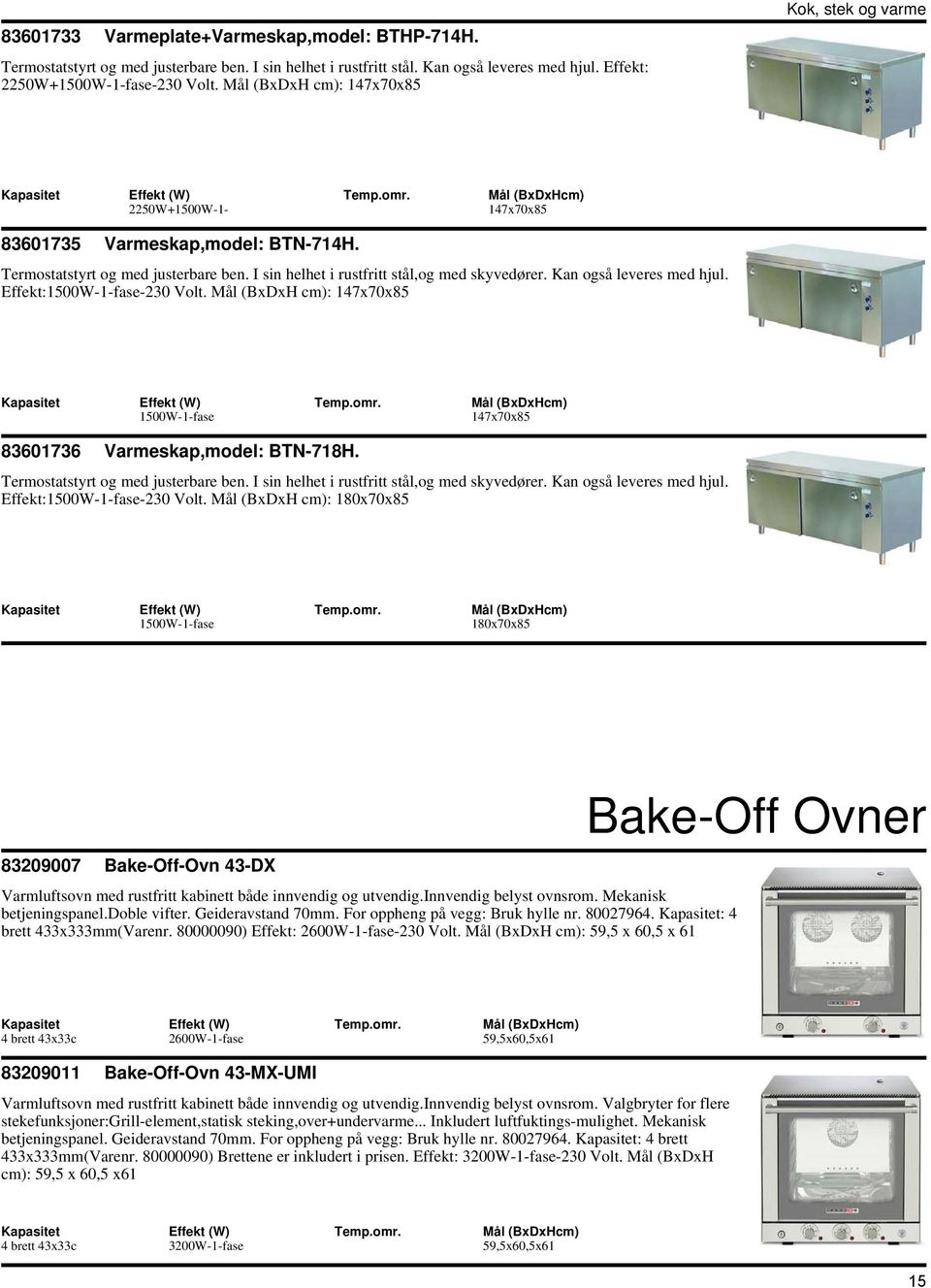 Kan også leveres med hjul. Effekt:1500W-1-fase-230 Volt. Mål (BxDxH cm): 147x70x85 1500W-1-fase 147x70x85 83601736 Varmeskap,model: BTN-718H. Termostatstyrt og med justerbare ben.