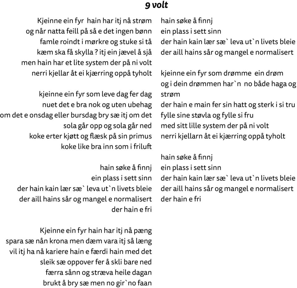 bursdag bry sæ itj om det sola går opp og sola går ned koke erter kjøtt og flæsk på sin primus koke like bra inn som i friluft hain søke å finnj ein plass i sett sinn der hain kain lær sæ` leva ut`n