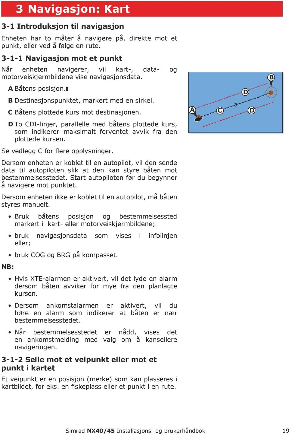 C Båtens plottede kurs mot destinasjonen. A C D D D To CDI-linjer, parallelle med båtens plottede kurs, som indikerer maksimalt forventet avvik fra den plottede kursen.