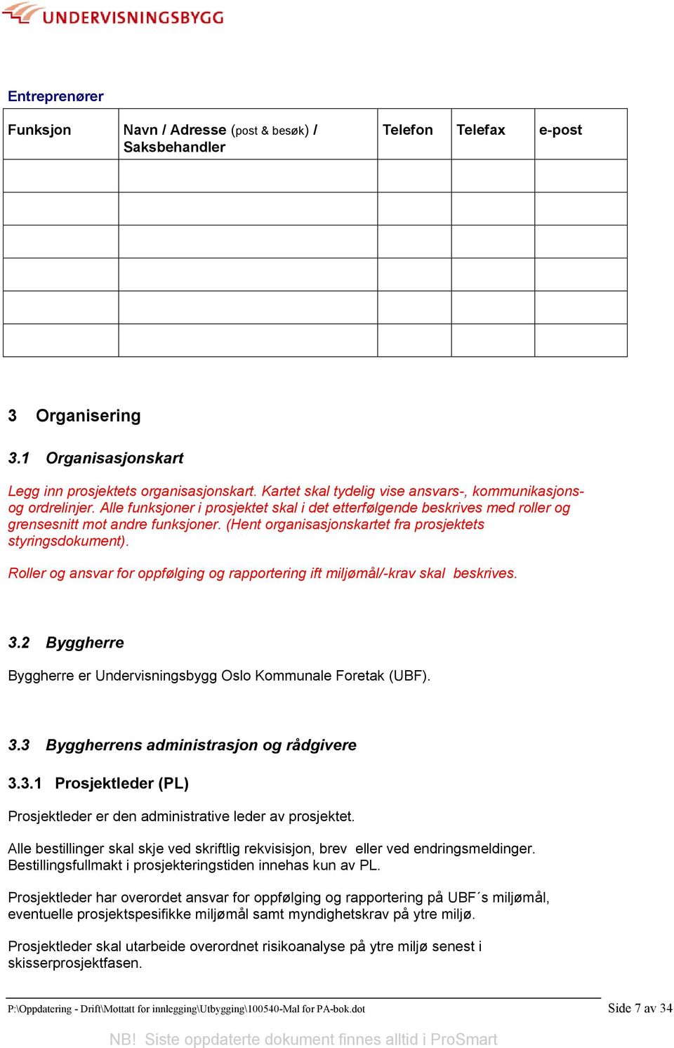 (Hent organisasjonskartet fra prosjektets styringsdokument). Roller og ansvar for oppfølging og rapportering ift miljømål/-krav skal beskrives. 3.