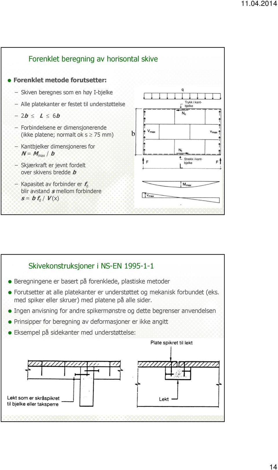blir avstand s mellom forbindere s= bf d / V (x) Skivekonstruksjoner i NS-EN 1995-1-1 Beregningene er basert på forenklede, plastiske metoder Forutsetter at alle platekanter er understøttet og