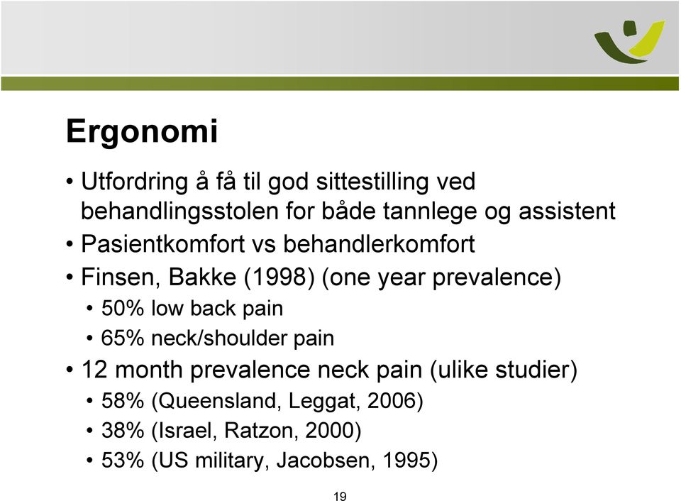 50% low back pain 65% neck/shoulder pain 12 month prevalence neck pain (ulike studier)
