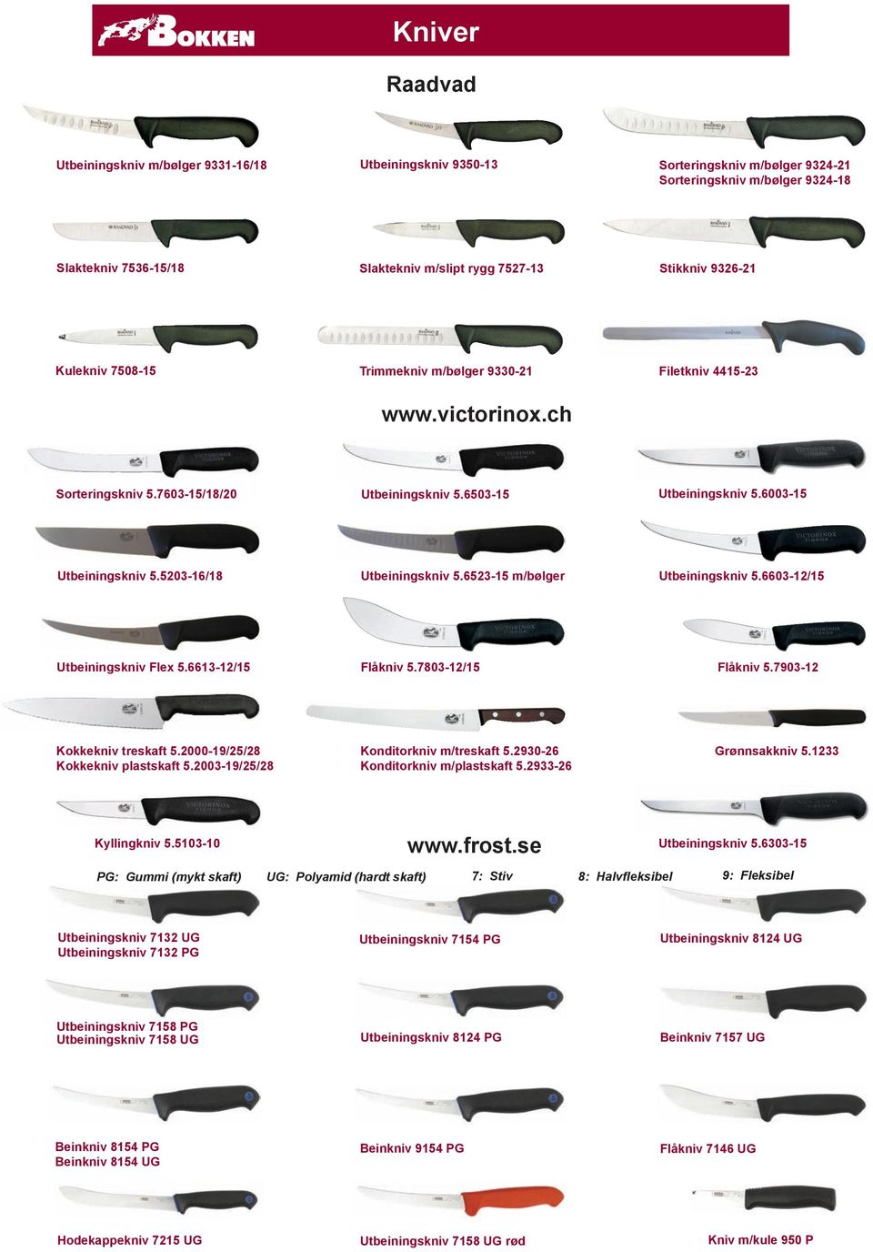 5203-16/18 Utbeiningskniv 5.6523-15 m/bølger Utbeiningskniv 5.6603-12/15 Utbeiningskniv Flex 5.6613-12/15 Flåkniv 5.7803-12/15 Flåkniv 5.7903-12 Kokkekniv treskaft 5.