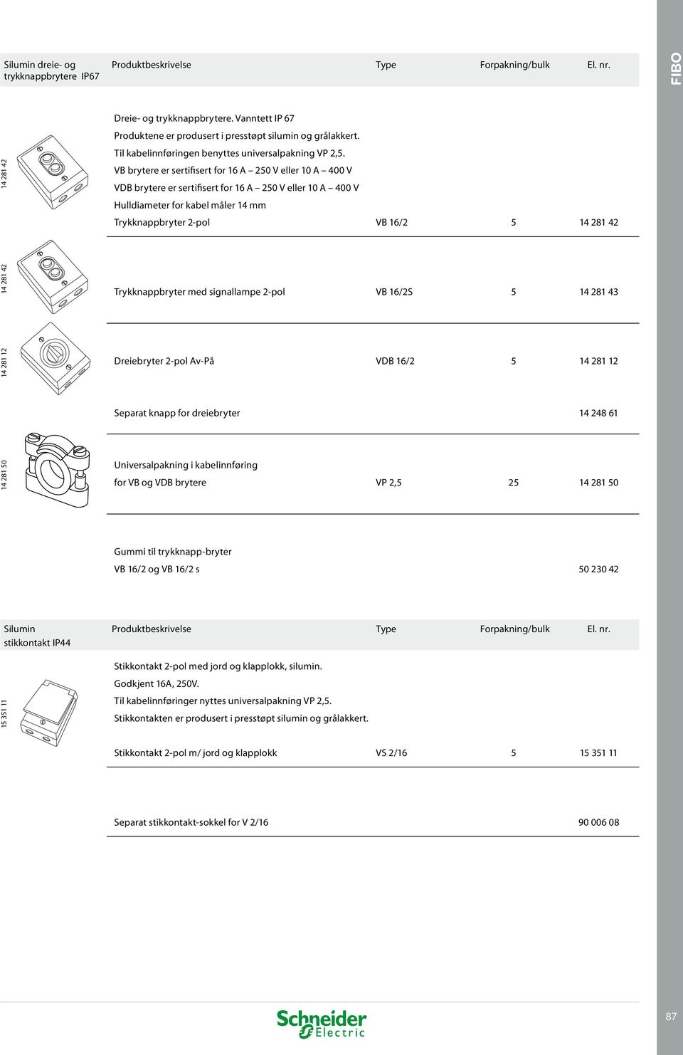 VB brytere er sertifisert for 16 A 250 V eller 10 A 400 V VDB brytere er sertifisert for 16 A 250 V eller 10 A 400 V Hulldiameter for kabel måler 14 mm Trykknappbryter 2-pol VB 16/2 5 14 281 42 FIBO