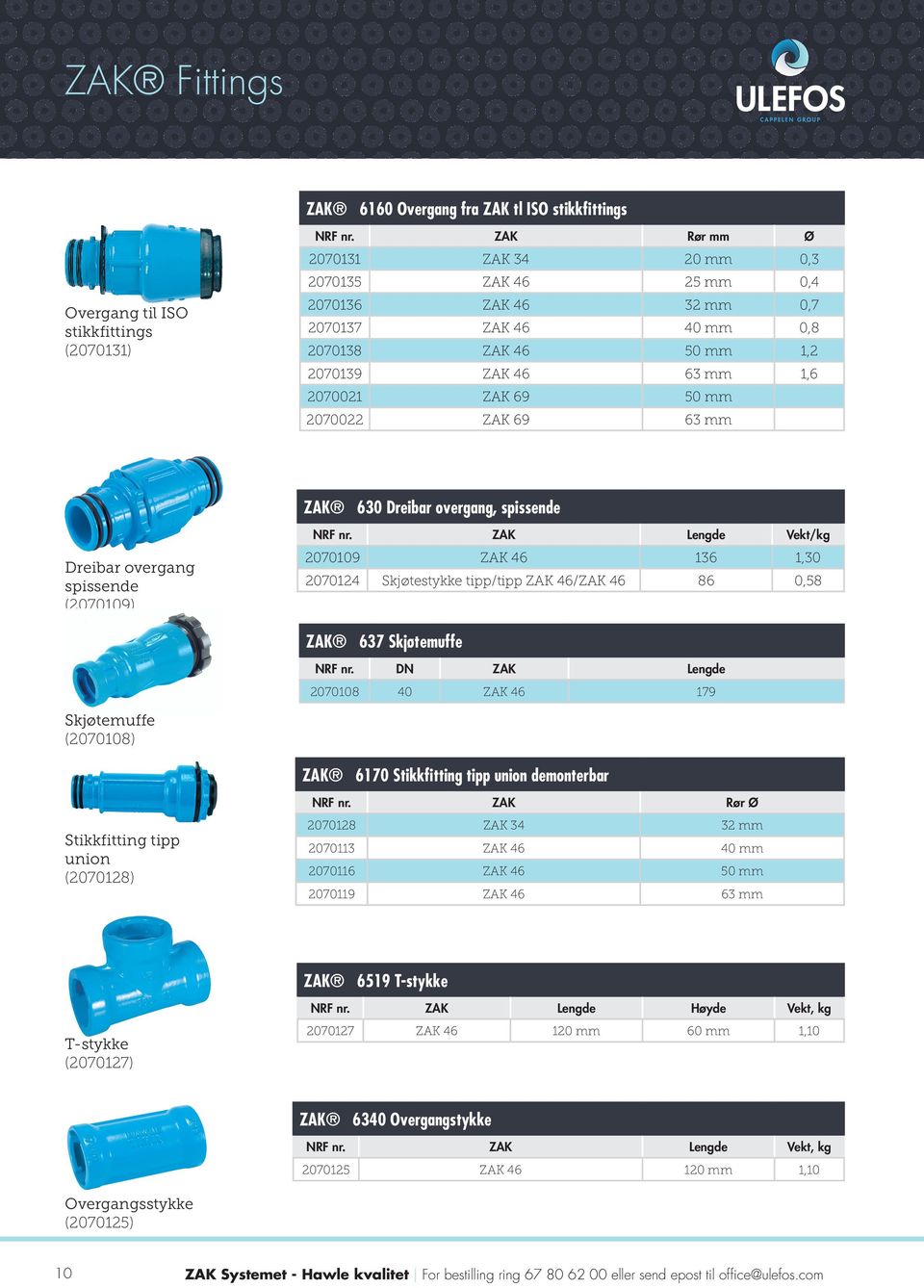 Vekt/kg 2070109 ZAK 46 136 1,30 2070124 Skjøtestykke tipp/tipp ZAK 46/ZAK 46 86 0,58 ZAK 637 Skjøtemuffe DN ZAK Lengde 2070108 40 ZAK 46 179 Skjøtemuffe (2070108) ZAK 6170 Stikkfitting tipp union