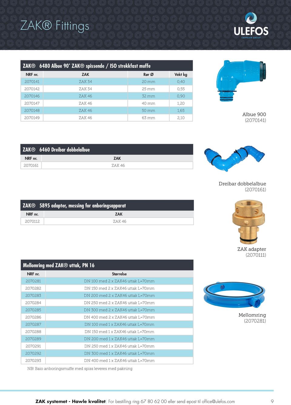 2070112 ZAK 46 ZAK adapter (2070111) Mellomring med ZAK uttak, PN 16 Størrelse 2070281 DN 100 med 2 x ZAK46 uttak L=70mm 2070282 DN 150 med 2 x ZAK46 uttak L=70mm 2070283 DN 200 med 2 x ZAK46 uttak