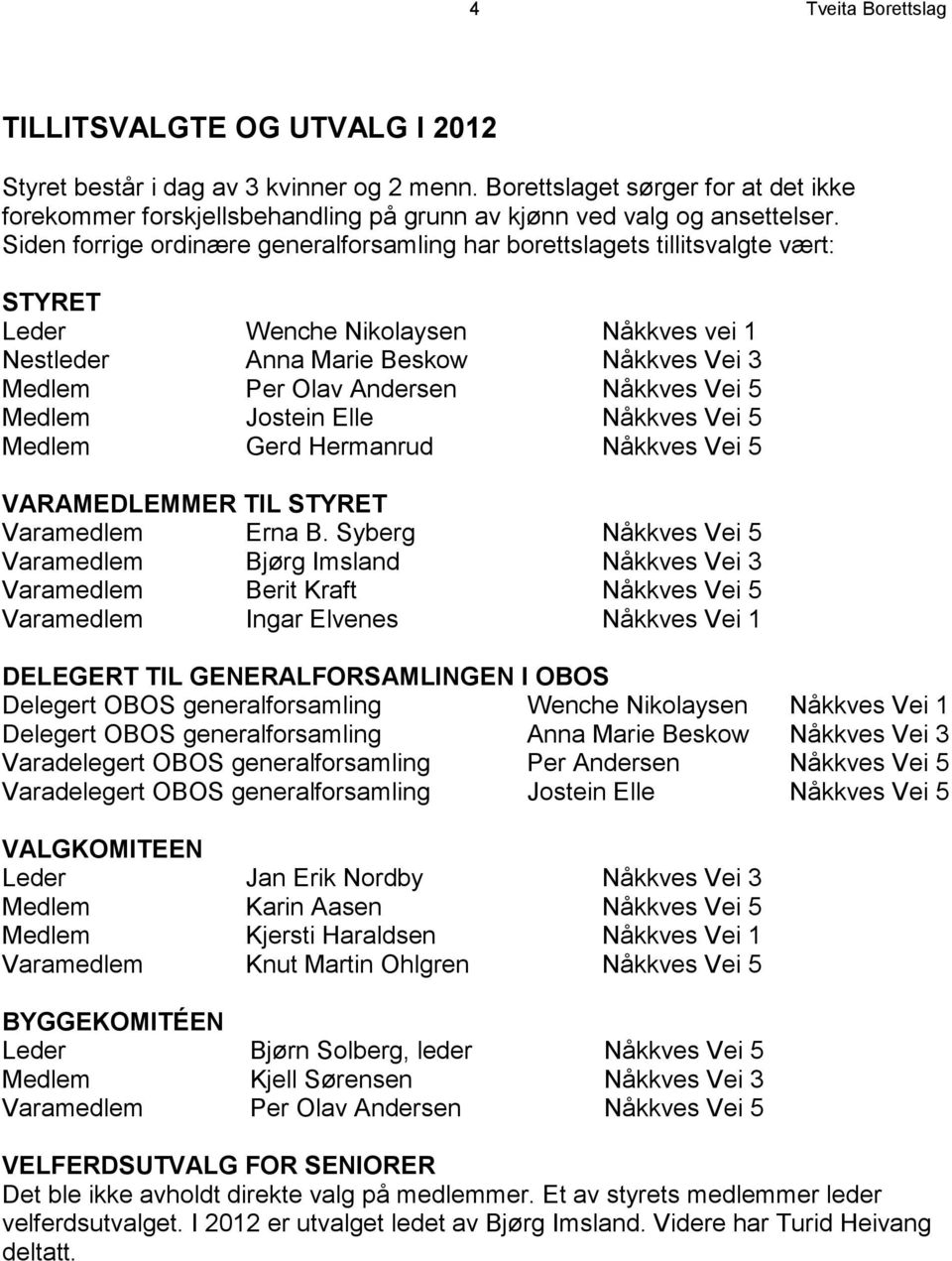 Siden forrige ordinære generalforsamling har borettslagets tillitsvalgte vært: STYRET Leder Wenche Nikolaysen Nåkkves vei 1 Nestleder Anna Marie Beskow Nåkkves Vei 3 Medlem Per Olav Andersen Nåkkves