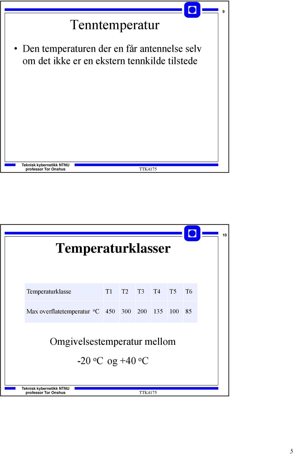 Temperaturklasse T1 T2 T3 T4 T5 T6 Max overflatetemperatur o C