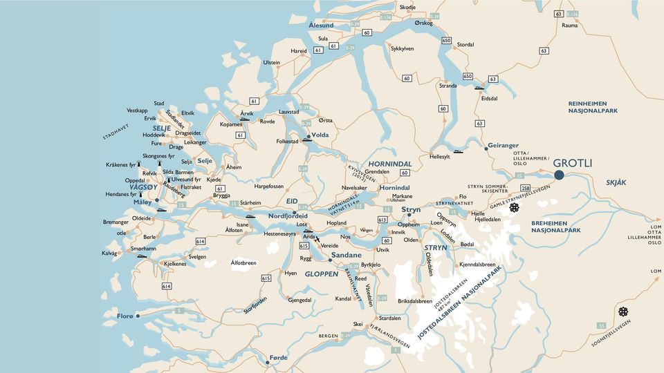 Oldeide Nordfjordeid Bremanger Isane Lote Grotle Ålfoten Berle Hestenesøyra Anda 614 Smørhamn 615 Kalvåg Svelgen Kjelkenes Ålfotbreen Rygg Florø Stadlandet Raudeberg 614 5 Eltvik Koparnes 61 Årvik 61