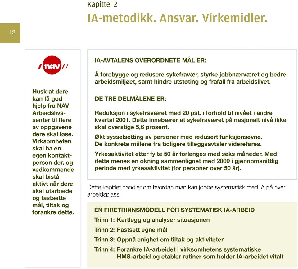 Å forebygge og redusere sykefravær, styrke jobbnærværet og bedre arbeidsmiljøet, samt hindre utstøting og frafall fra arbeidslivet. De tre delmålene er: Reduksjon i sykefraværet med 20 pst.