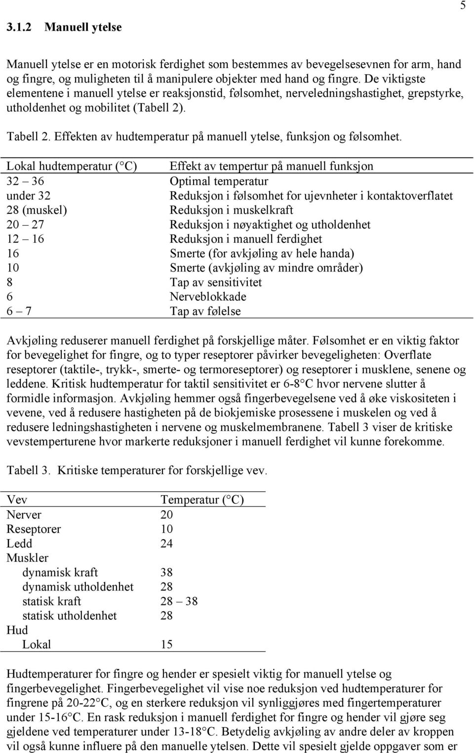 Effekten av hudtemperatur på manuell ytelse, funksjon og følsomhet.