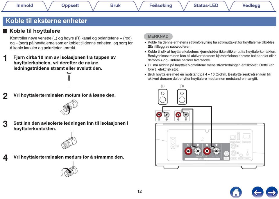avslutt den MERKNAD 0 Koble fra denne enhetens strømforsyning fra strømuttaket før høyttalerne tilkobles Slå i tillegg av subwooferen 0 Koble til slik at høyttalerkabelens kjernetråder ikke stikker