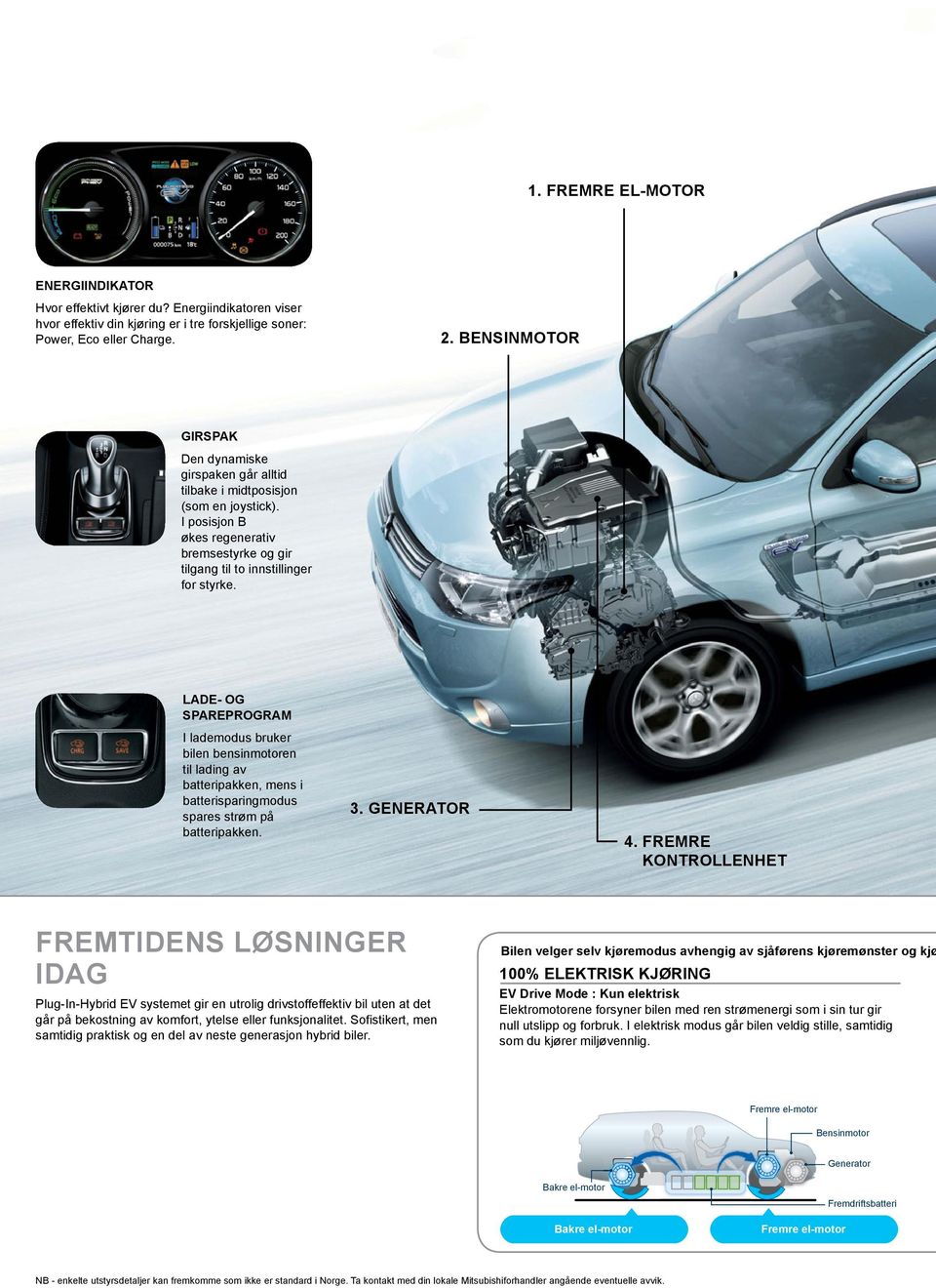 LADE- OG SPAREPROGRAM I lademodus bruker bilen bensinmotoren til lading av batteripakken, mens i batterisparingmodus spares strøm på batteripakken. 3. GENERATOR 4.