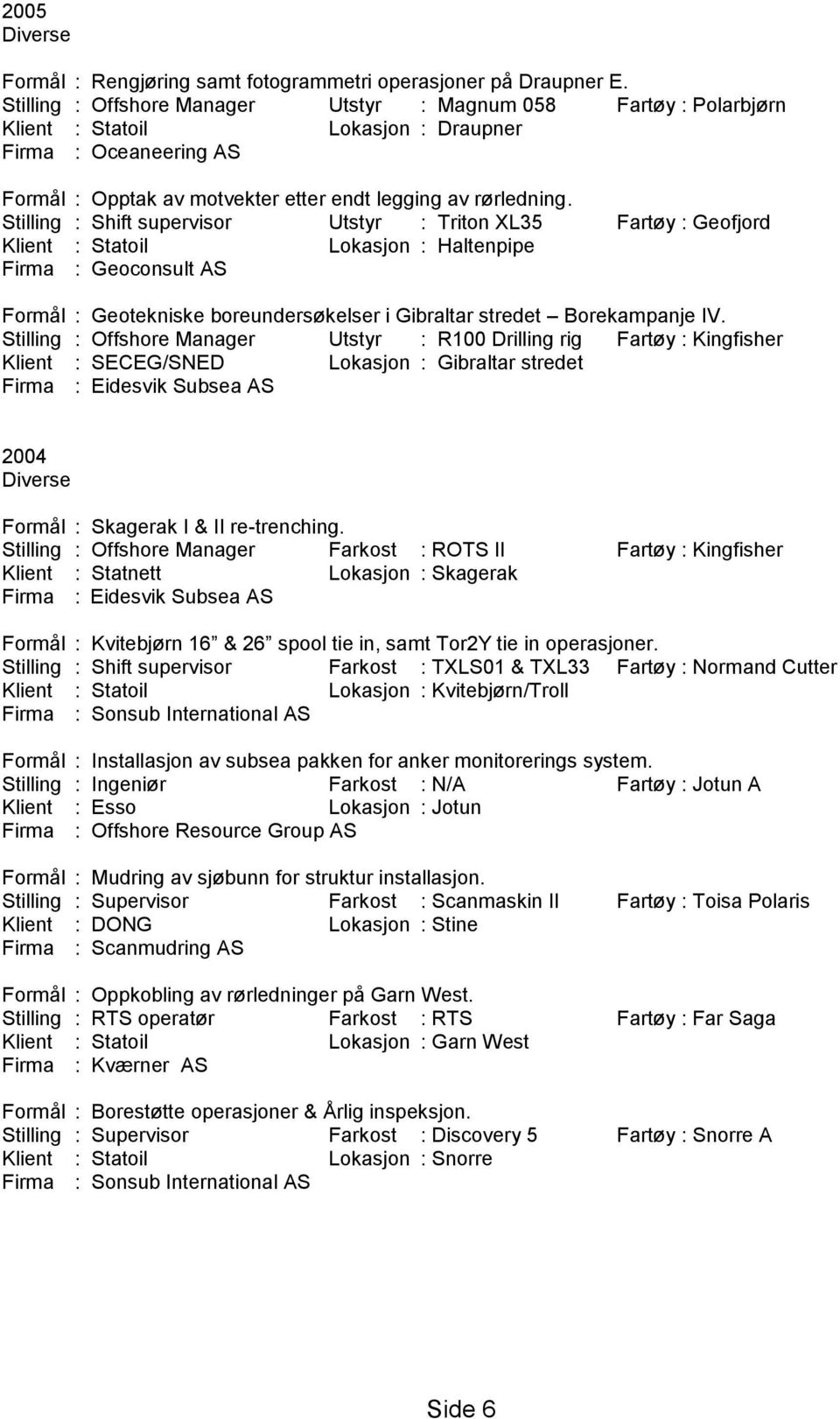 Stilling : Shift supervisor Utstyr : Triton XL35 Fartøy : Geofjord Klient : Statoil Lokasjon : Haltenpipe Firma : Geoconsult AS Formål : Geotekniske boreundersøkelser i Gibraltar stredet Borekampanje