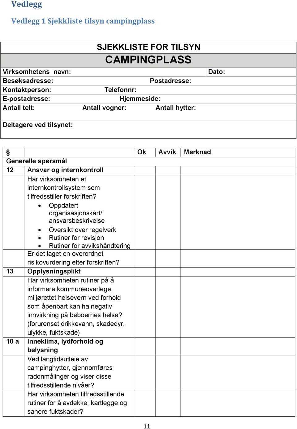 Oppdatert organisasjonskart/ ansvarsbeskrivelse Oversikt over regelverk Rutiner for revisjon Rutiner for avvikshåndtering Er det laget en overordnet risikovurdering etter forskriften?