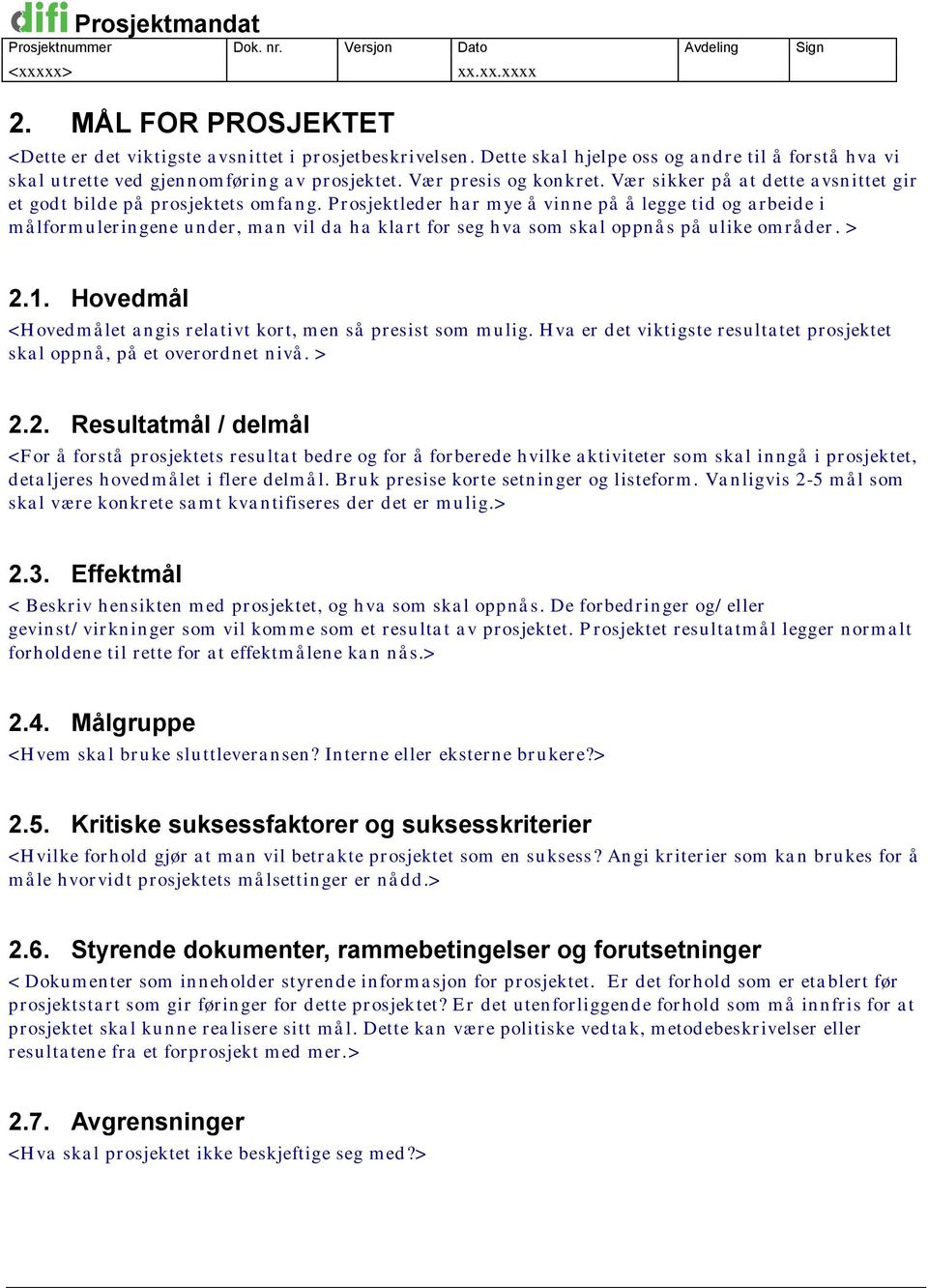 Prosjektleder har m ye å vinne på å legge tid og arbeide i m ålform uleringene under, m an vil da ha klart for seg hva som skal oppnås på ulike om råder. > 2.1.