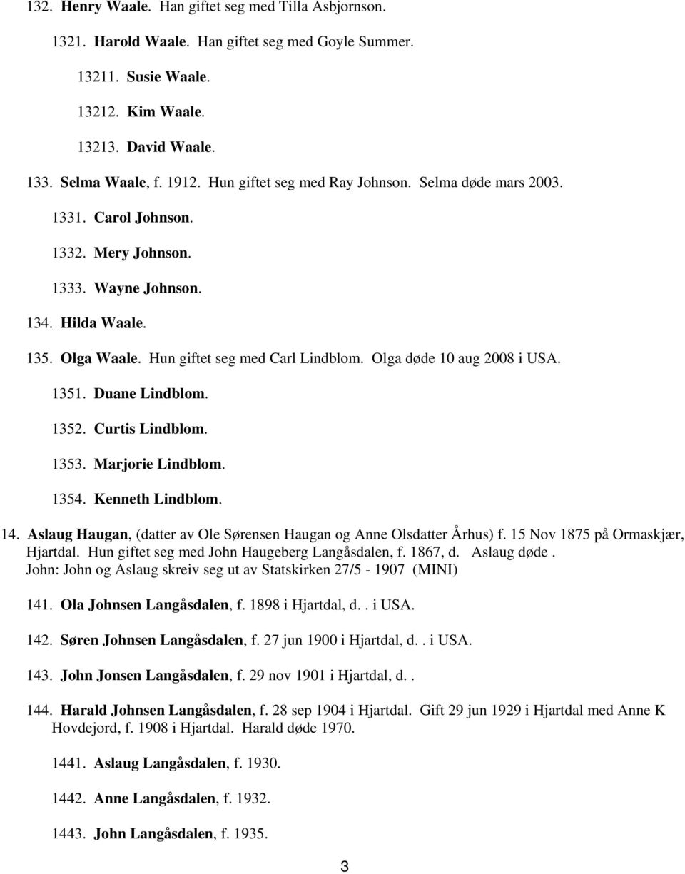 Olga døde 10 aug 2008 i USA. 1351. Duane Lindblom. 1352. Curtis Lindblom. 1353. Marjorie Lindblom. 1354. Kenneth Lindblom. 14. Aslaug Haugan, (datter av Ole Sørensen Haugan og Anne Olsdatter Århus) f.