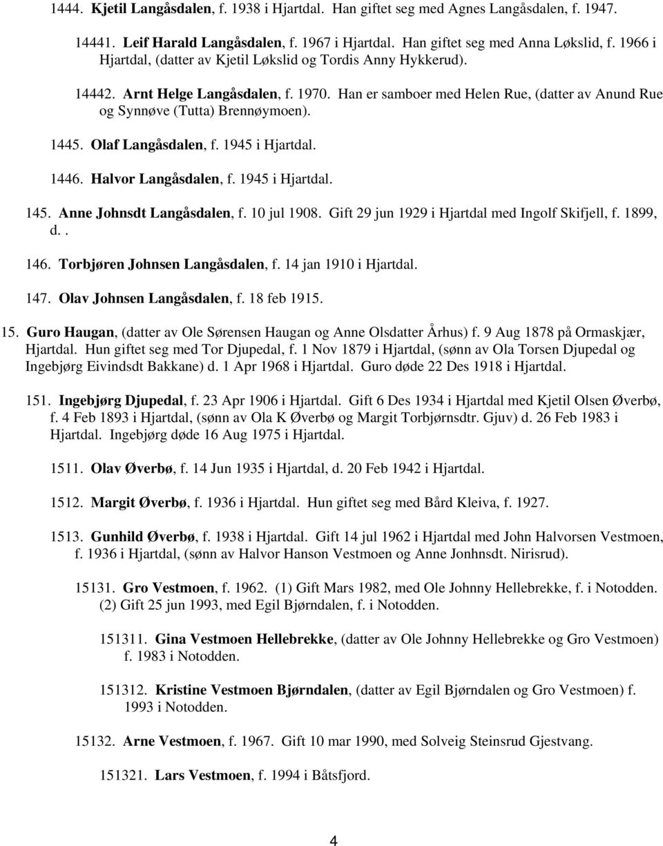 Olaf Langåsdalen, f. 1945 i Hjartdal. 1446. Halvor Langåsdalen, f. 1945 i Hjartdal. 145. Anne Johnsdt Langåsdalen, f. 10 jul 1908. Gift 29 jun 1929 i Hjartdal med Ingolf Skifjell, f. 1899, d.. 146.