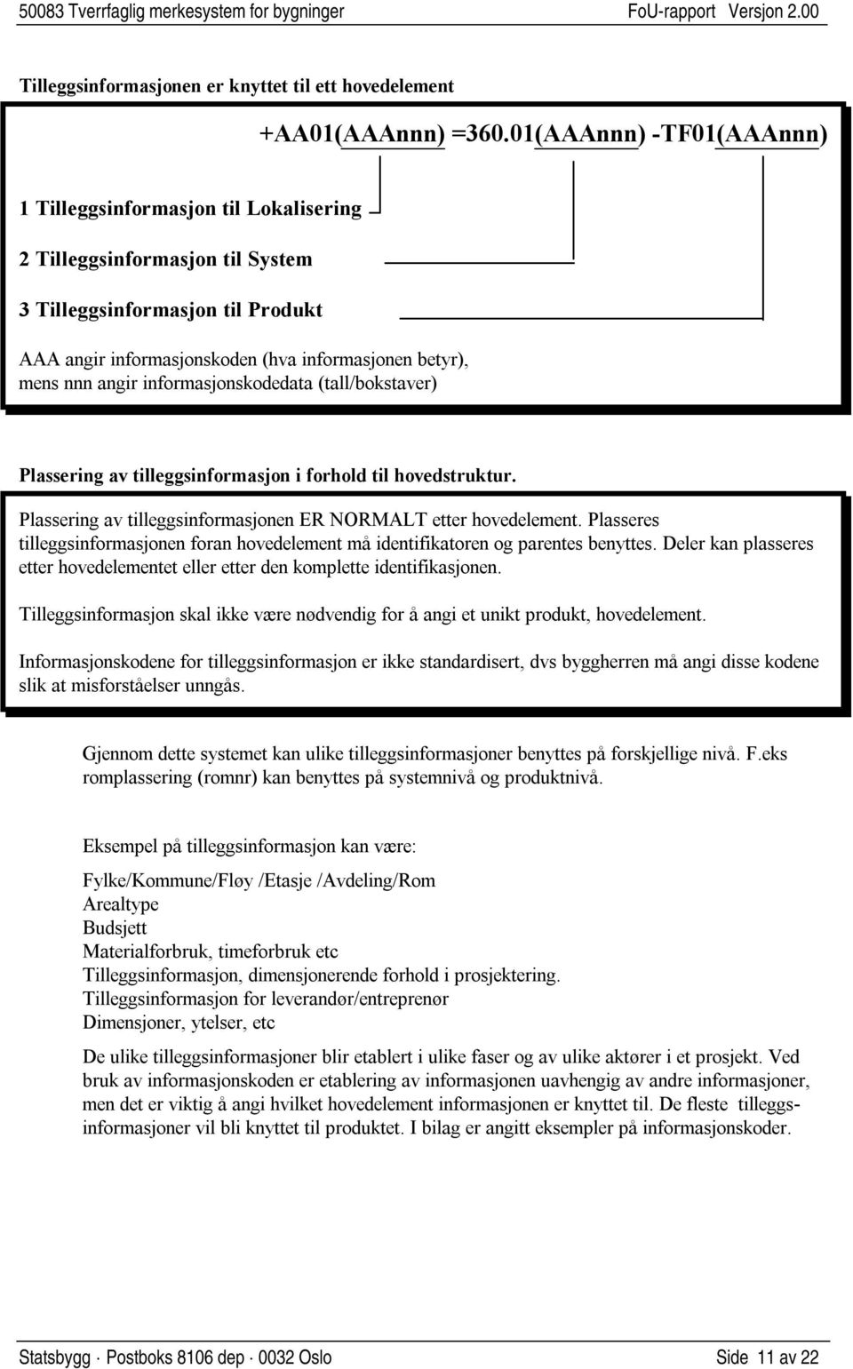 angir informasjonskodedata (tall/bokstaver) Plassering av tilleggsinformasjon i forhold til hovedstruktur. Plassering av tilleggsinformasjonen ER NORMALT etter hovedelement.